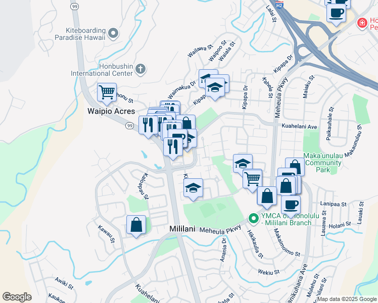 map of restaurants, bars, coffee shops, grocery stores, and more near 95-370 Kuahelani Avenue in Mililani
