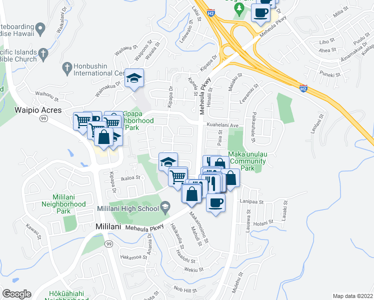 map of restaurants, bars, coffee shops, grocery stores, and more near 95-542 Wailoa Loop in Mililani