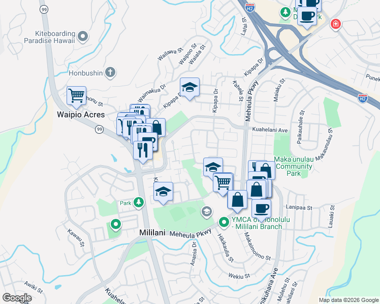 map of restaurants, bars, coffee shops, grocery stores, and more near 95-453 Kaelo Place in Mililani
