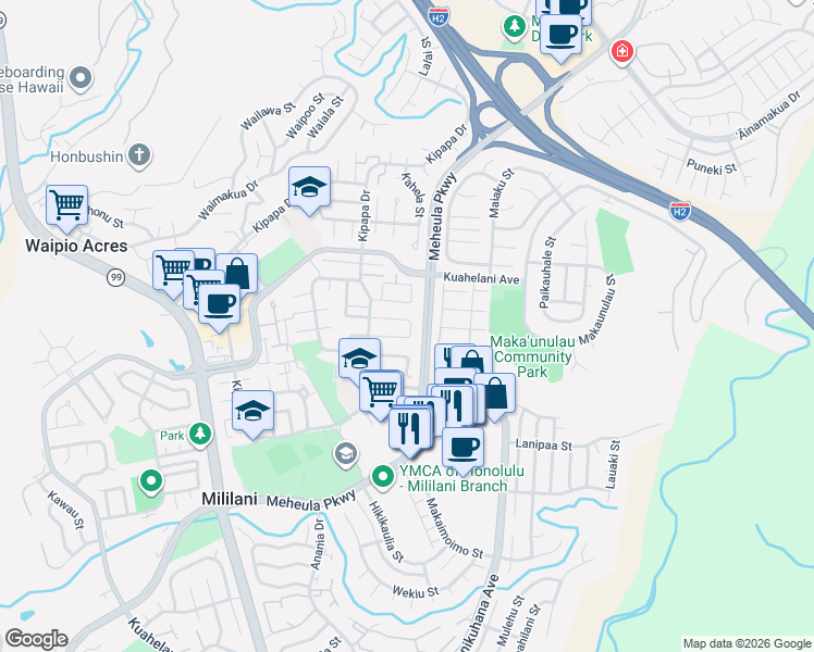 map of restaurants, bars, coffee shops, grocery stores, and more near 95-542 Wailoa Loop in Mililani