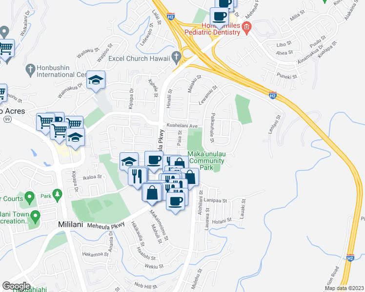 map of restaurants, bars, coffee shops, grocery stores, and more near 95-659 Hanile Street in Mililani