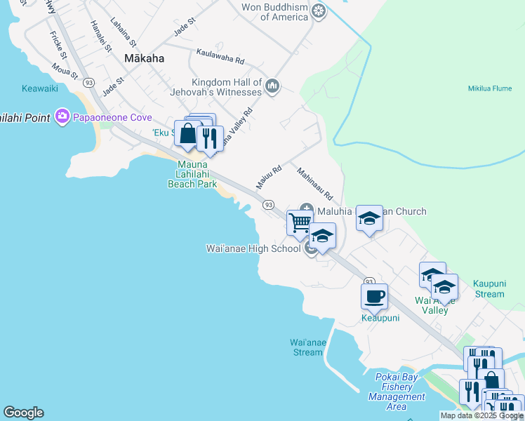 map of restaurants, bars, coffee shops, grocery stores, and more near 85-175 Farrington Highway in Waianae