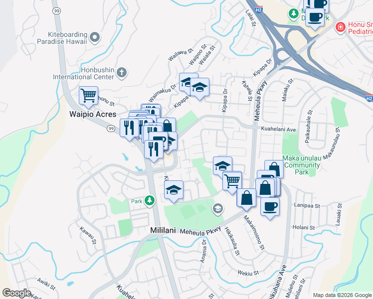 map of restaurants, bars, coffee shops, grocery stores, and more near 95-431 Kaawela Place in Mililani