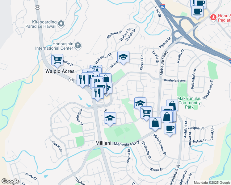 map of restaurants, bars, coffee shops, grocery stores, and more near 95-431 Kaawela Place in Mililani