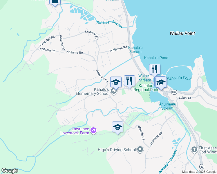 map of restaurants, bars, coffee shops, grocery stores, and more near 47-304 Waihee Road in Kaneohe