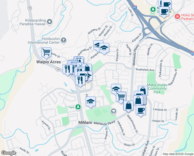 map of restaurants, bars, coffee shops, grocery stores, and more near 95-431 Kaawela Place in Mililani