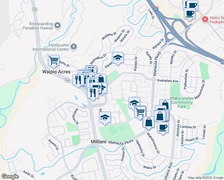 map of restaurants, bars, coffee shops, grocery stores, and more near 95-431 Kaawela Place in Mililani