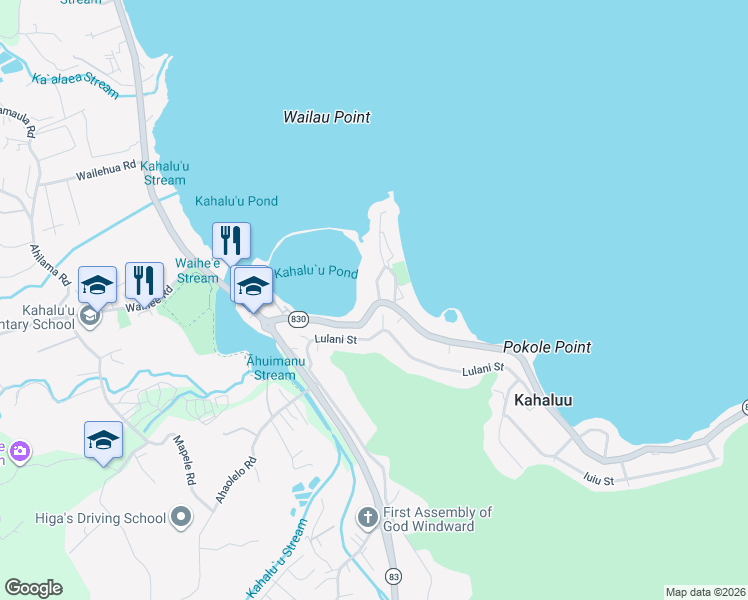 map of restaurants, bars, coffee shops, grocery stores, and more near 47-58 Lihikai Drive in Kaneohe