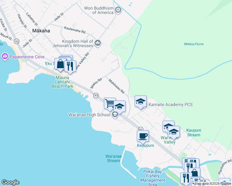 map of restaurants, bars, coffee shops, grocery stores, and more near 85-259 Mahinaau Road in Waianae