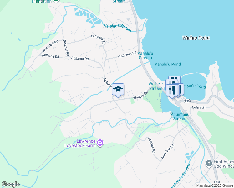 map of restaurants, bars, coffee shops, grocery stores, and more near 47-600 Ahilama Road in Kaneohe
