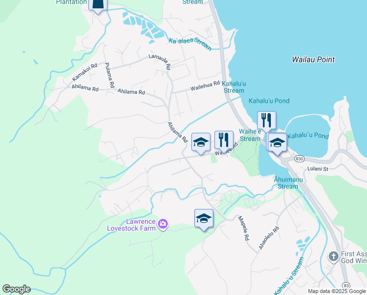 map of restaurants, bars, coffee shops, grocery stores, and more near 47-600 Ahilama Road in Kaneohe