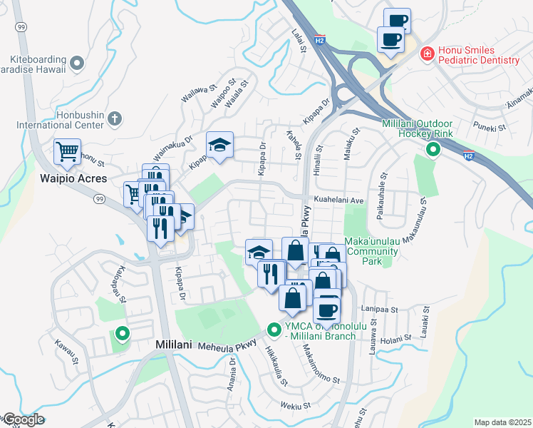 map of restaurants, bars, coffee shops, grocery stores, and more near 95-502 Kipapa Drive in Mililani