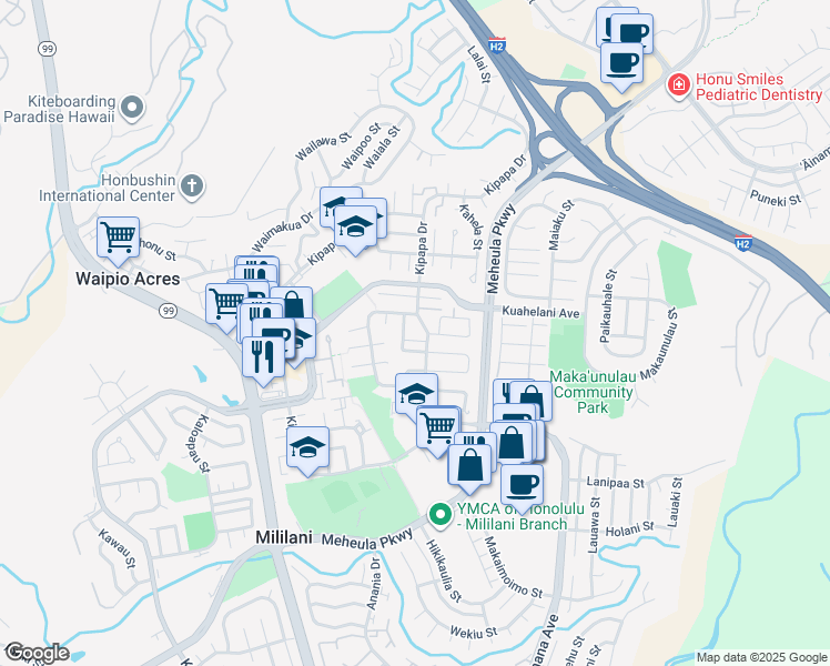 map of restaurants, bars, coffee shops, grocery stores, and more near 601 Kipapa Drive in Mililani