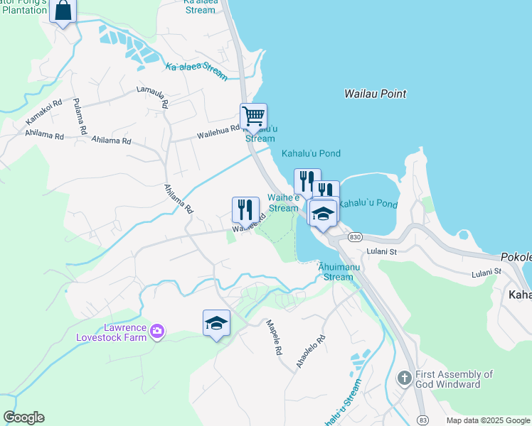map of restaurants, bars, coffee shops, grocery stores, and more near 47 Waihee Road in Kaneohe