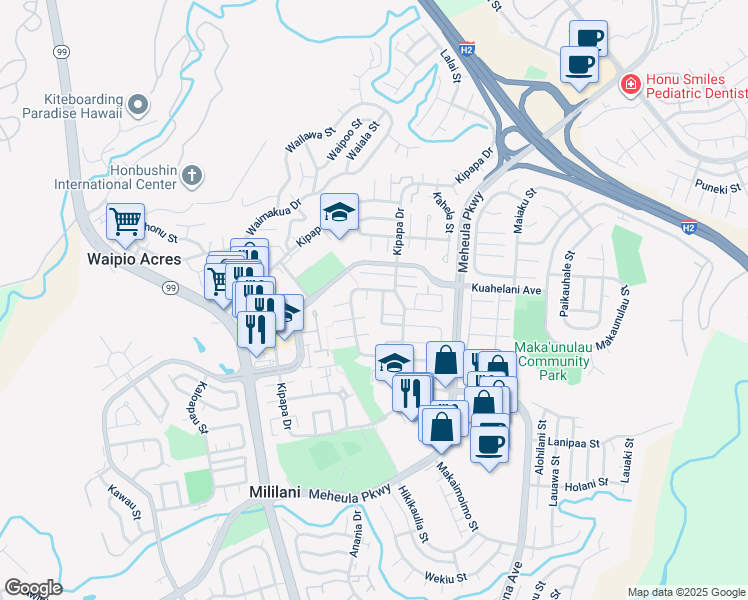 map of restaurants, bars, coffee shops, grocery stores, and more near 95-134 Kapawa Place in Mililani