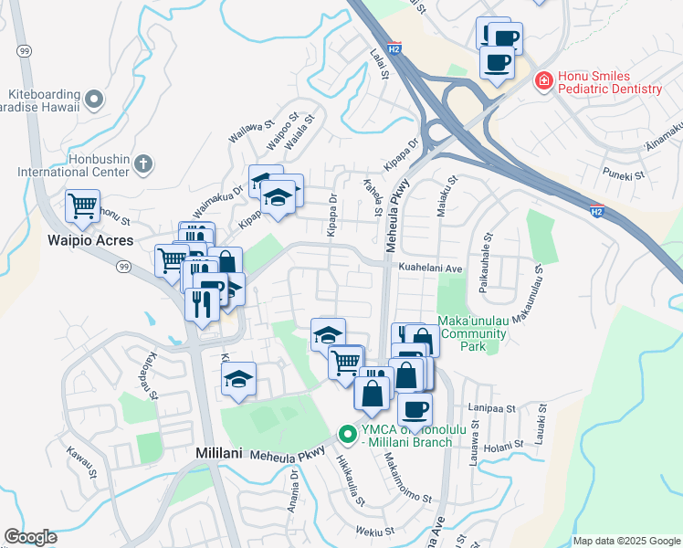 map of restaurants, bars, coffee shops, grocery stores, and more near 601 Kipapa Drive in Mililani