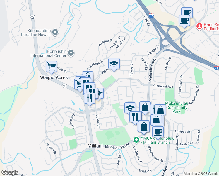 map of restaurants, bars, coffee shops, grocery stores, and more near 95-430 Kamahana Place in Mililani
