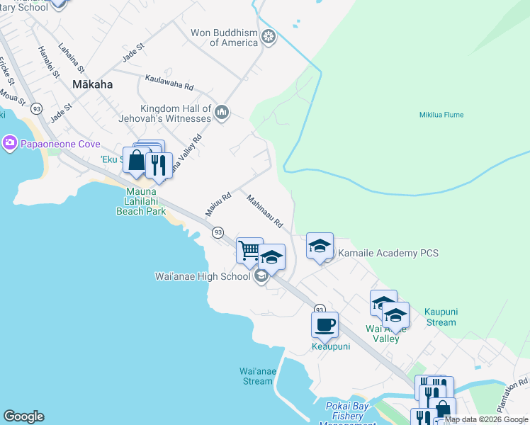 map of restaurants, bars, coffee shops, grocery stores, and more near 85-259 Mahinaau Road in Waianae