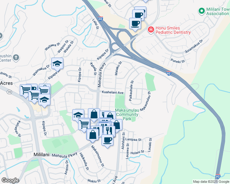 map of restaurants, bars, coffee shops, grocery stores, and more near 43 Maiaku Street in Mililani