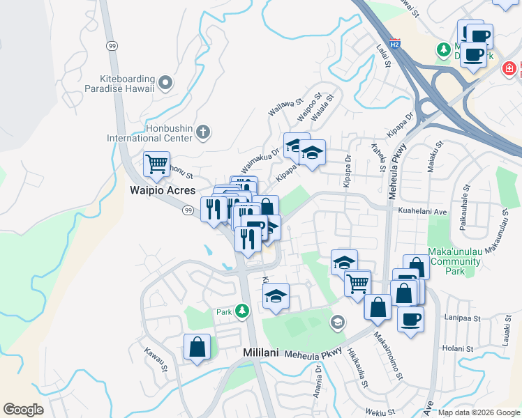 map of restaurants, bars, coffee shops, grocery stores, and more near 95-146 Kipapa Drive in Mililani