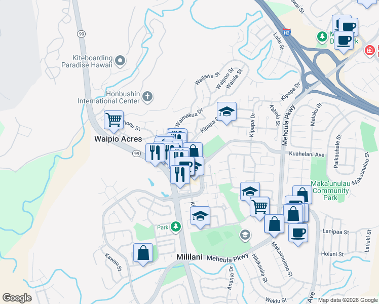 map of restaurants, bars, coffee shops, grocery stores, and more near 95-146 Kipapa Drive in Mililani