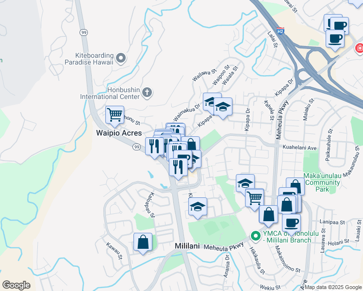 map of restaurants, bars, coffee shops, grocery stores, and more near 95-146 Kipapa Drive in Mililani