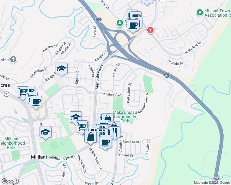 map of restaurants, bars, coffee shops, grocery stores, and more near 95-835 Makaunulau Street in Mililani