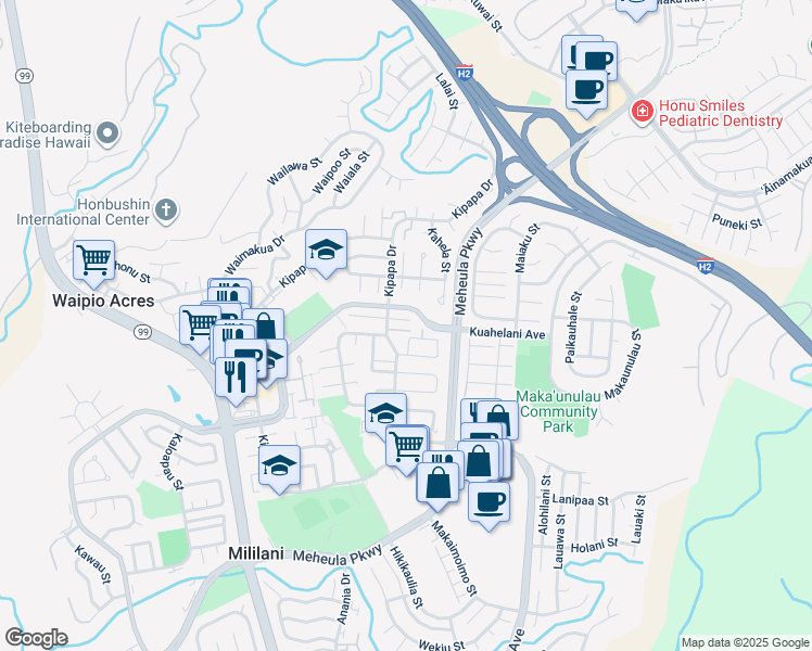map of restaurants, bars, coffee shops, grocery stores, and more near 95-515 Ia Place in Mililani