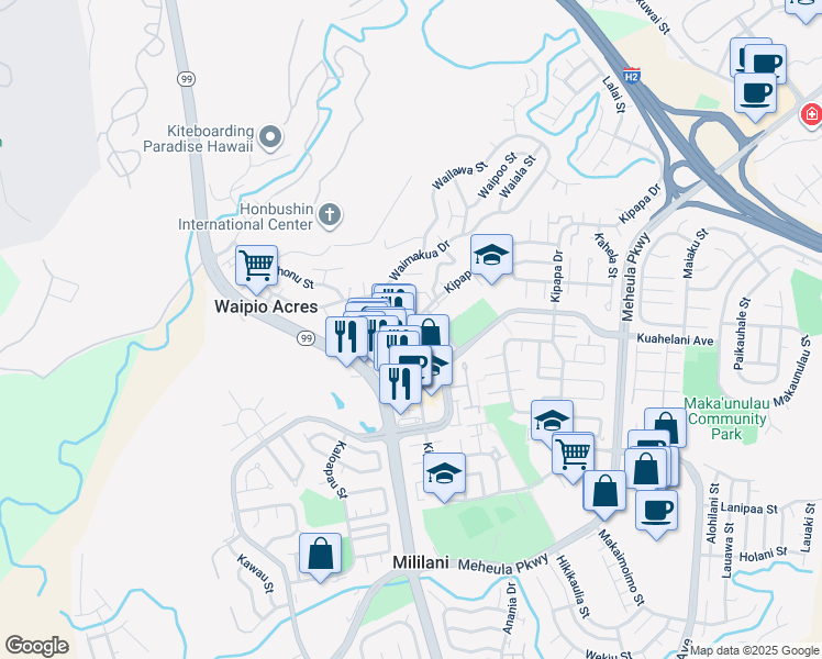 map of restaurants, bars, coffee shops, grocery stores, and more near 95-170 Kipapa Drive in Mililani