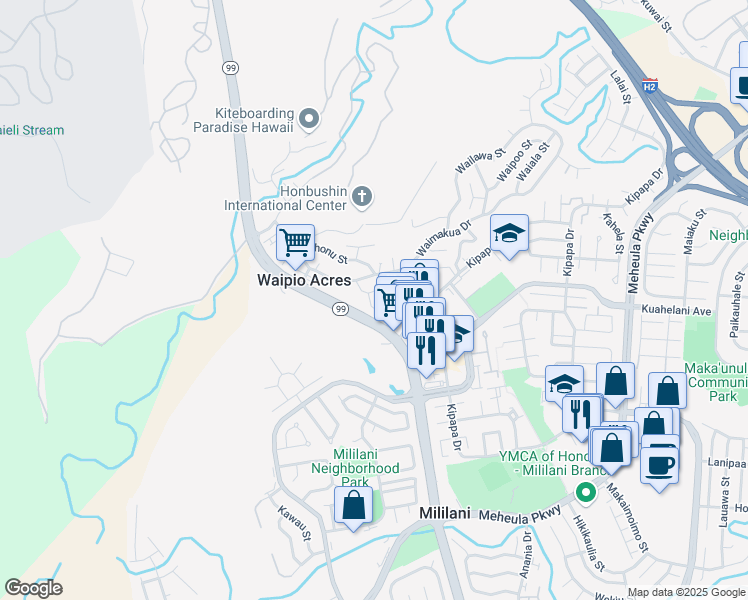 map of restaurants, bars, coffee shops, grocery stores, and more near 95-84 Waipuka Place in Mililani