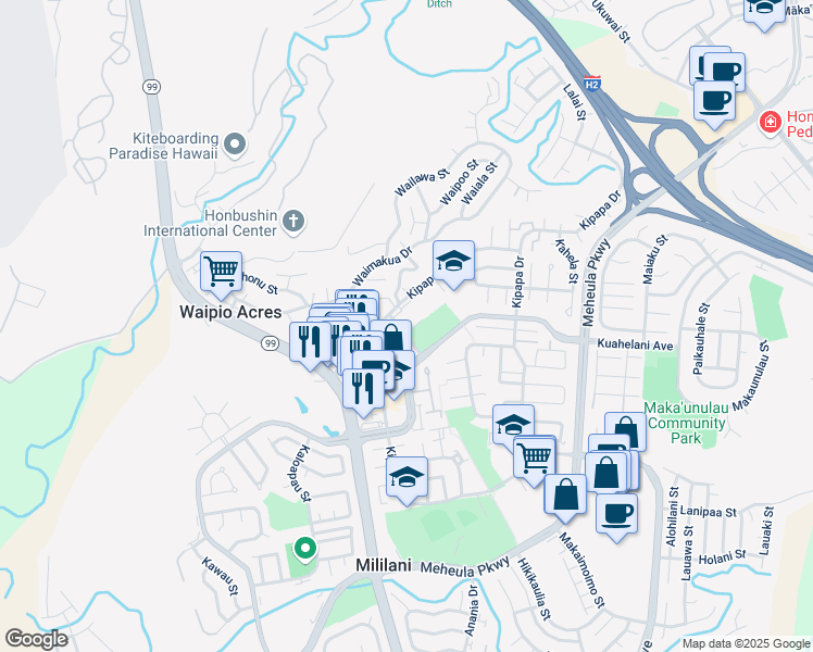 map of restaurants, bars, coffee shops, grocery stores, and more near 95-100 Moenamanu Street in Mililani