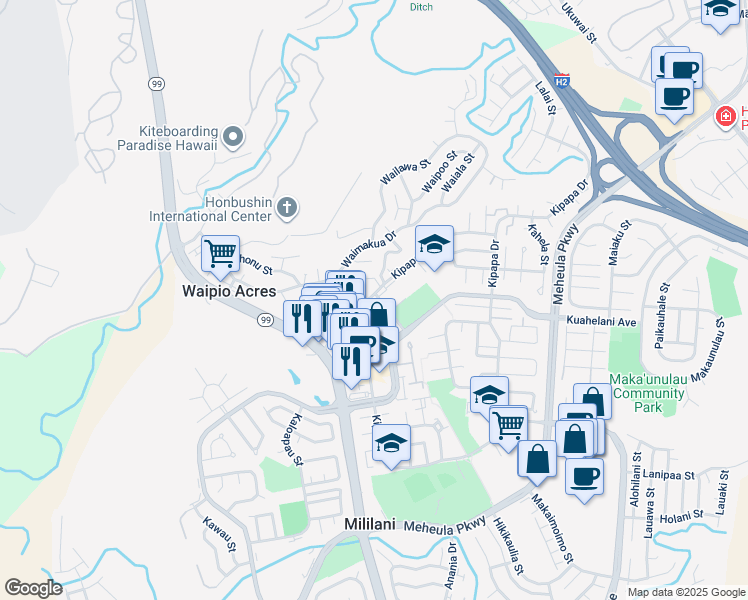 map of restaurants, bars, coffee shops, grocery stores, and more near 95-128404 Kipapa Drive in Mililani
