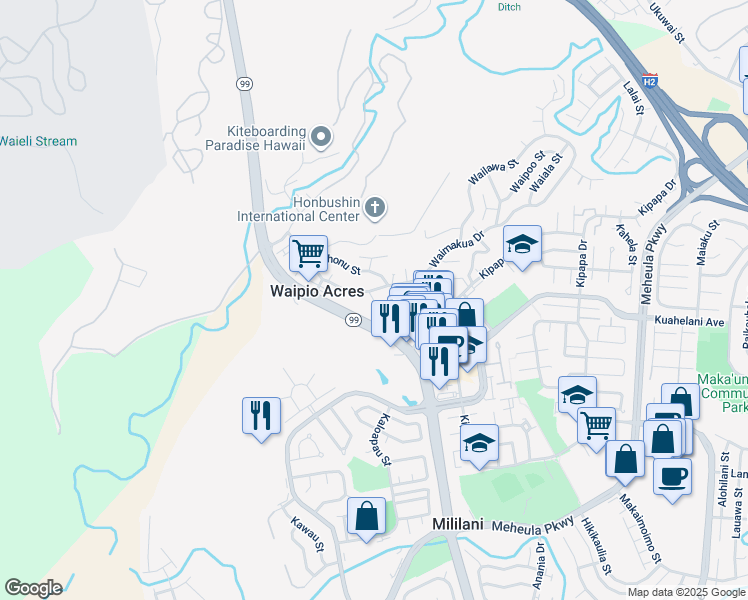 map of restaurants, bars, coffee shops, grocery stores, and more near 95-72 Waipuka Street in Mililani