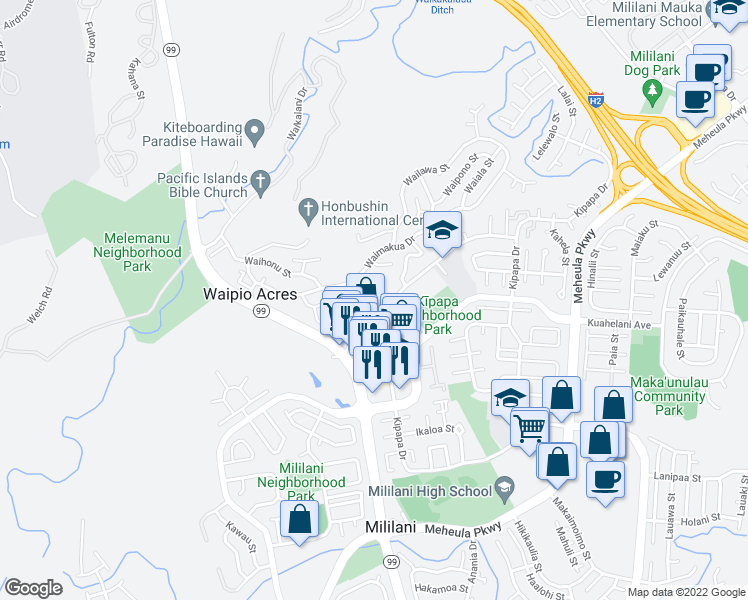 map of restaurants, bars, coffee shops, grocery stores, and more near 95-153 Kipapa Drive in Mililani