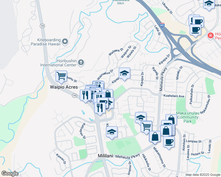 map of restaurants, bars, coffee shops, grocery stores, and more near 95-128404 Kipapa Drive in Mililani