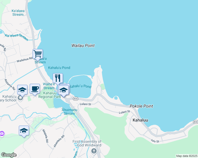 map of restaurants, bars, coffee shops, grocery stores, and more near 47-40 Lihikai Drive in Kaneohe