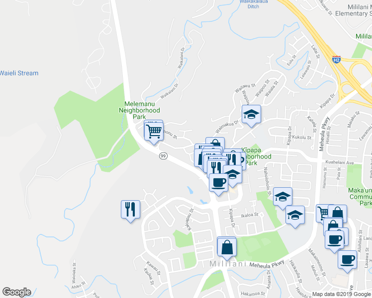 map of restaurants, bars, coffee shops, grocery stores, and more near 95-72 Waipuka Street in Mililani