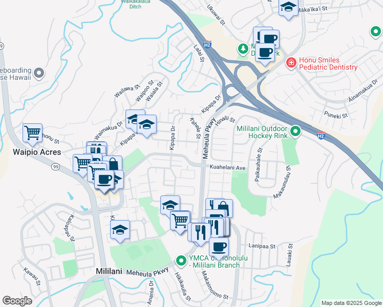 map of restaurants, bars, coffee shops, grocery stores, and more near 95-192 Kahela Street in Mililani