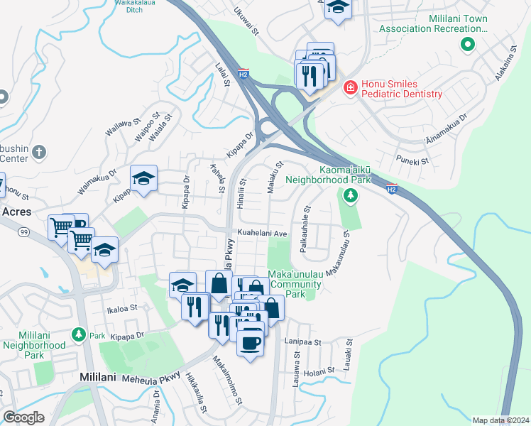 map of restaurants, bars, coffee shops, grocery stores, and more near 95-654 Maiaku Street in Mililani