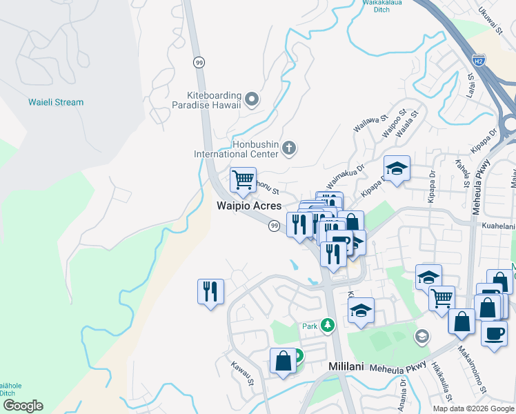 map of restaurants, bars, coffee shops, grocery stores, and more near 95-023 Waihau Street in Mililani