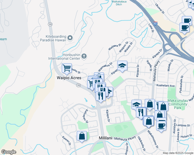 map of restaurants, bars, coffee shops, grocery stores, and more near 95-153 Kipapa Drive in Mililani
