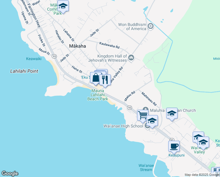 map of restaurants, bars, coffee shops, grocery stores, and more near 84-149 Makaha Valley Road in Waianae