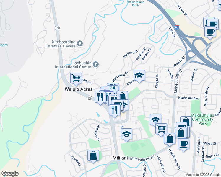map of restaurants, bars, coffee shops, grocery stores, and more near 95-153 Kipapa Drive in Mililani