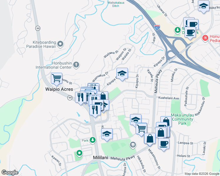 map of restaurants, bars, coffee shops, grocery stores, and more near 95-128404 Kipapa Drive in Mililani
