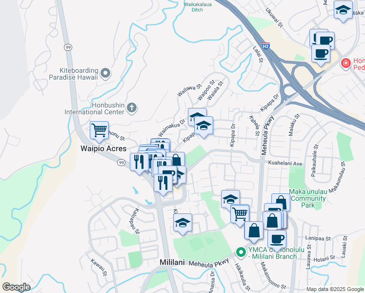 map of restaurants, bars, coffee shops, grocery stores, and more near 95-128404 Kipapa Drive in Mililani