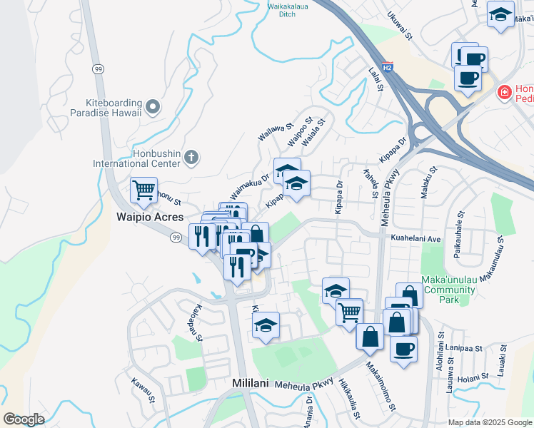 map of restaurants, bars, coffee shops, grocery stores, and more near 95-128404 Kipapa Drive in Mililani
