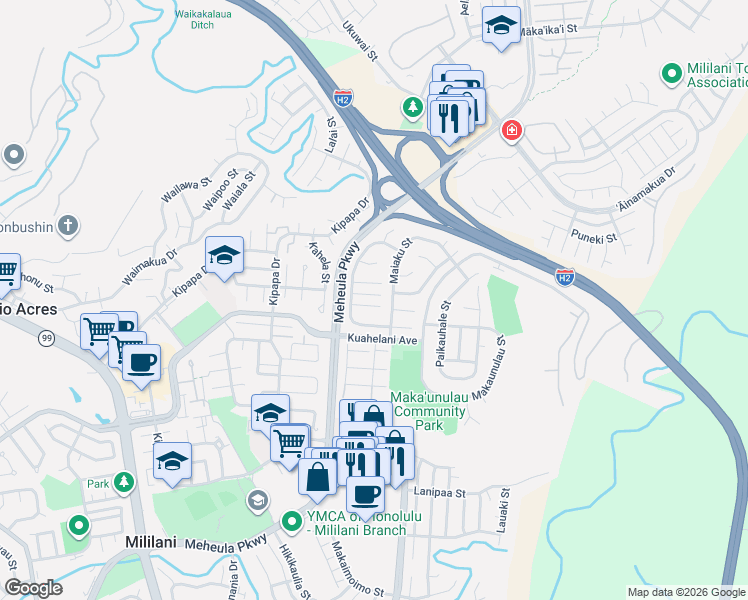 map of restaurants, bars, coffee shops, grocery stores, and more near 95-739 Kahikinui Place in Mililani