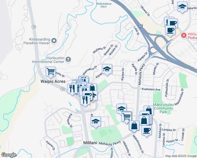 map of restaurants, bars, coffee shops, grocery stores, and more near 95-128404 Kipapa Drive in Mililani