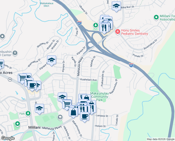 map of restaurants, bars, coffee shops, grocery stores, and more near 95-739 Kahikinui Place in Mililani