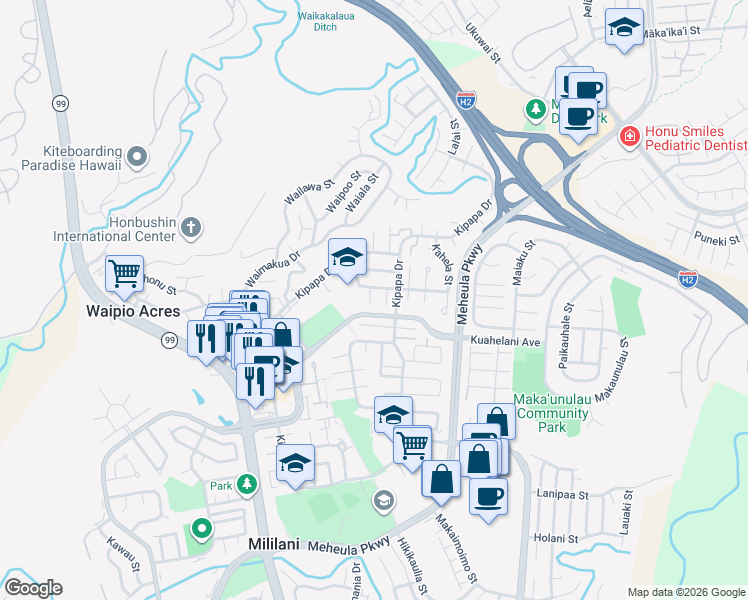 map of restaurants, bars, coffee shops, grocery stores, and more near 95-464 Kaulia Place in Mililani